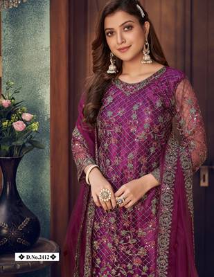 glamorous wine purple heavy cording and sequin net semi-stitched salwar suit 2