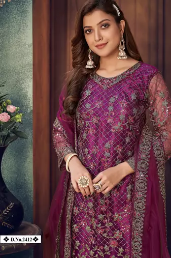 glamorous wine purple heavy cording and sequin net semi-stitched salwar suit