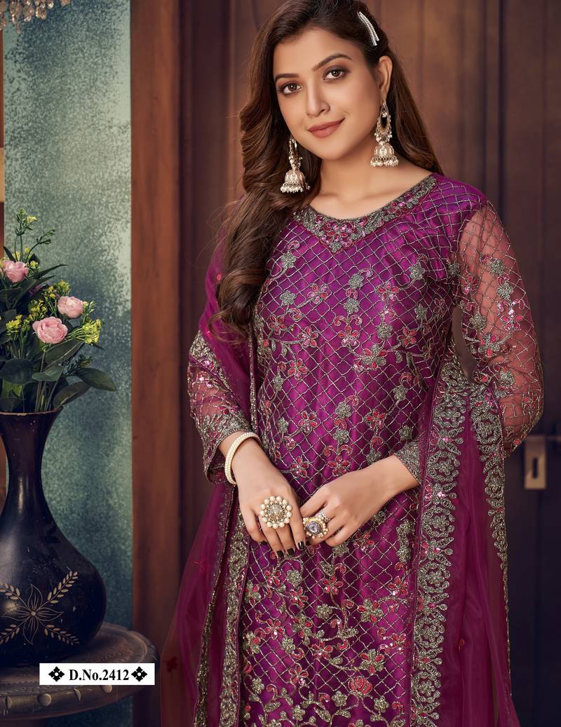 glamorous wine purple heavy cording and sequin net semi-stitched salwar suit