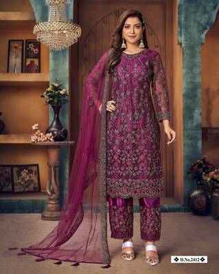 glamorous wine purple heavy cording and sequin net semi-stitched salwar suit 1