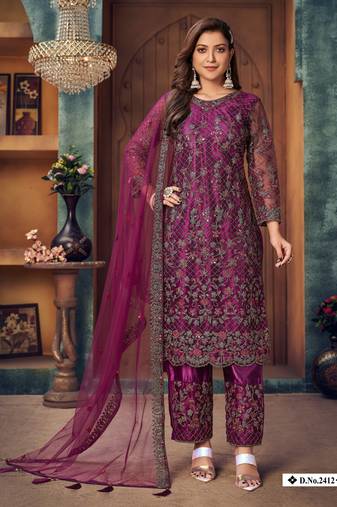 glamorous wine purple heavy cording and sequin net semi-stitched salwar suit