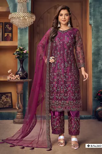 glamorous wine purple heavy cording and sequin net semi-stitched salwar suit