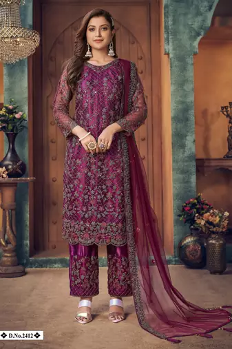 glamorous wine purple heavy cording and sequin net semi-stitched salwar suit