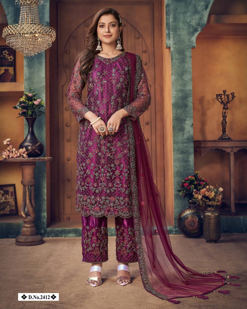glamorous wine purple heavy cording and sequin net semi-stitched salwar suit