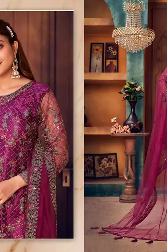 glamorous wine purple heavy cording and sequin net semi-stitched salwar suit