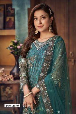 glamorous teal green heavy cording and sequin net semi-stitched salwar suit 2