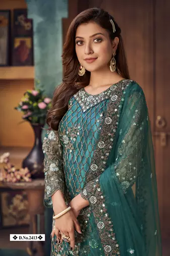 glamorous teal green heavy cording and sequin net semi-stitched salwar suit