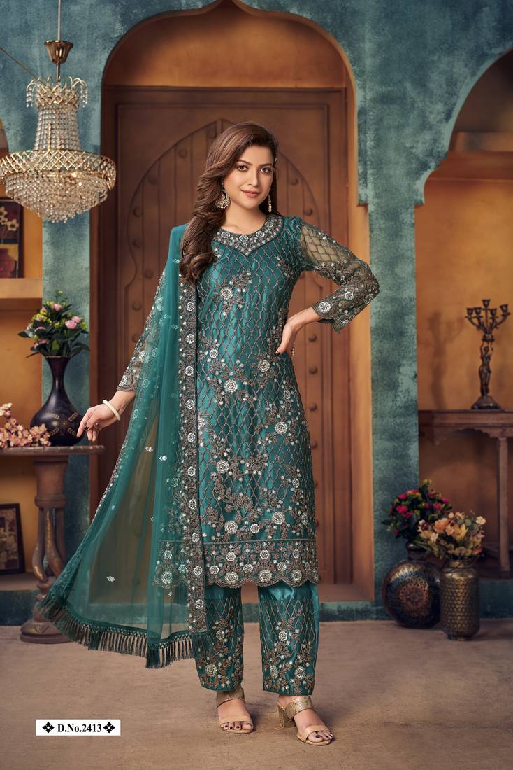 glamorous teal green heavy cording and sequin net semi-stitched salwar suit