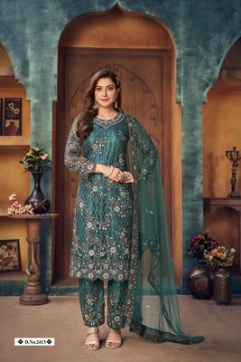 glamorous teal green heavy cording and sequin net semi-stitched salwar suit 3