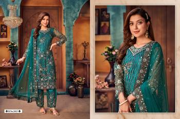 glamorous teal green heavy cording and sequin net semi-stitched salwar suit 4