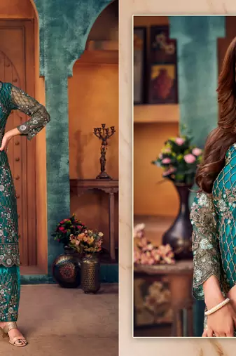 glamorous teal green heavy cording and sequin net semi-stitched salwar suit