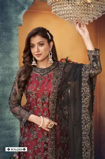 glamorous maroon and black heavy cording and sequin net semi-stitched salwar suit