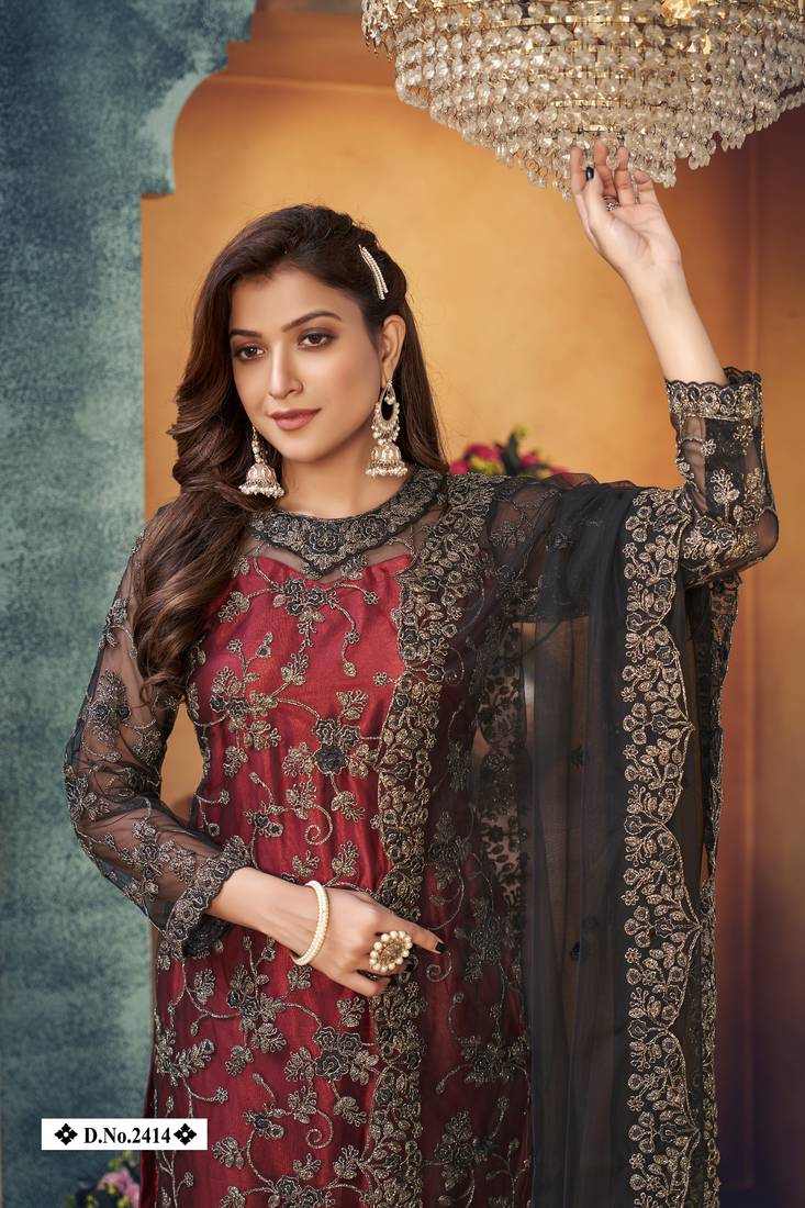 glamorous maroon and black heavy cording and sequin net semi-stitched salwar suit