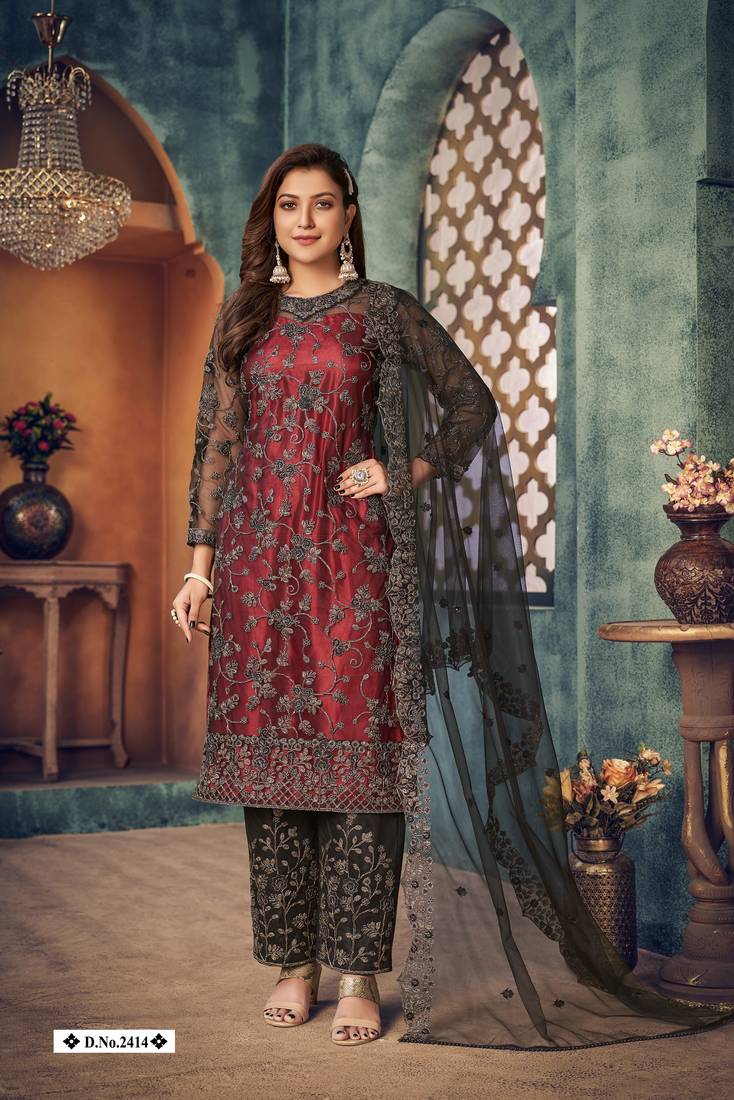 glamorous maroon and black heavy cording and sequin net semi-stitched salwar suit