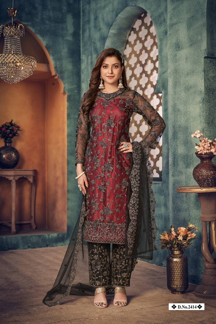 glamorous maroon and black heavy cording and sequin net semi-stitched salwar suit