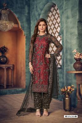 glamorous maroon and black heavy cording and sequin net semi-stitched salwar suit 1