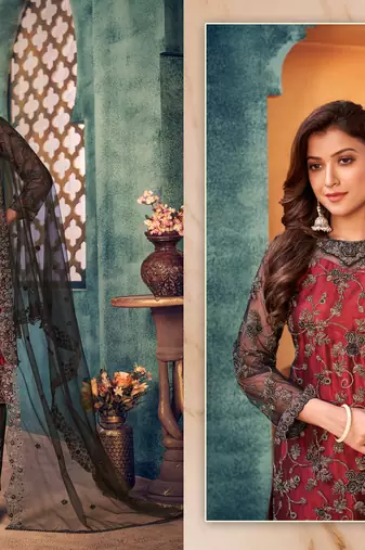 glamorous maroon and black heavy cording and sequin net semi-stitched salwar suit