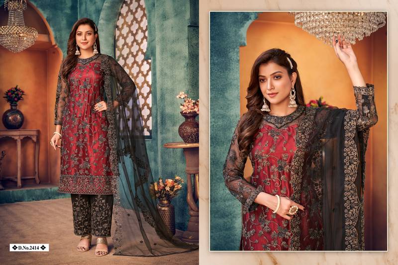 glamorous maroon and black heavy cording and sequin net semi-stitched salwar suit