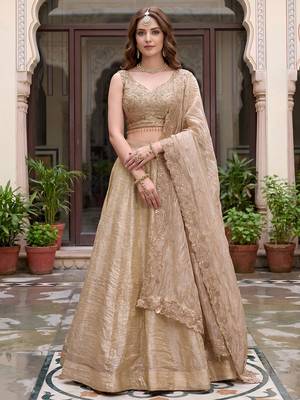 Adorable Golden Silk blend Thread Work Festive Wear Lehenga Choli 1