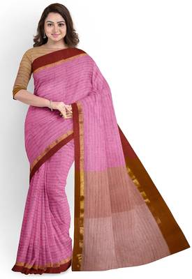 Pink striped cotton blend saree with maroon border 1