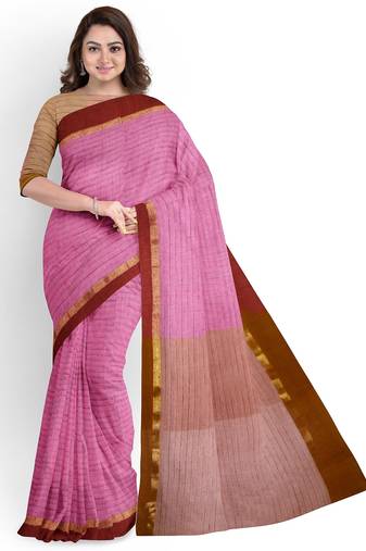 Pink striped cotton blend saree with maroon border