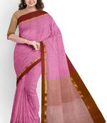 Pink striped cotton blend saree with maroon border