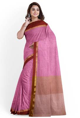 Pink striped cotton blend saree with maroon border 2
