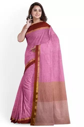 Pink striped cotton blend saree with maroon border