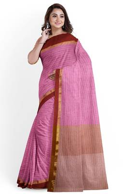 Pink striped cotton blend saree with maroon border 3