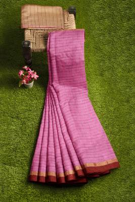 Pink striped cotton blend saree with maroon border 4