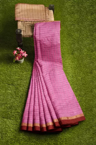 Pink striped cotton blend saree with maroon border