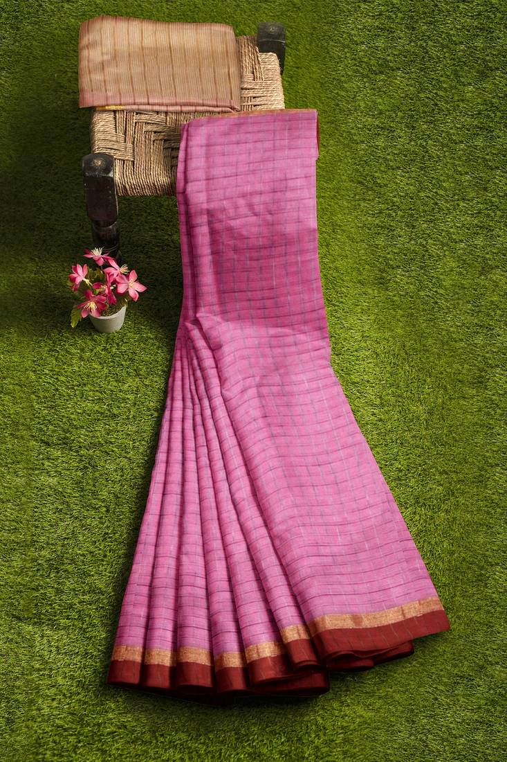 Pink striped cotton blend saree with maroon border