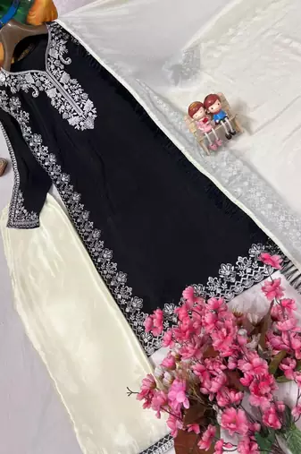 Black chinon silk blend kurti pant set with dupatta