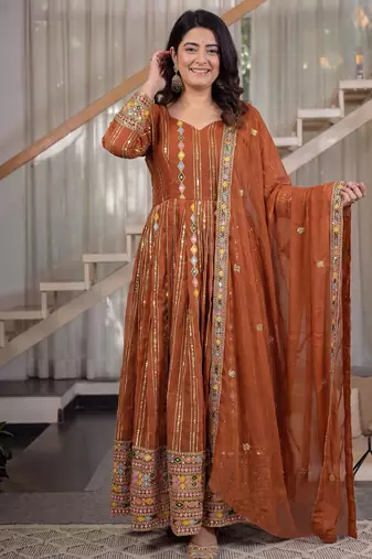 Rust brown embroidered georgette anarkali suit set