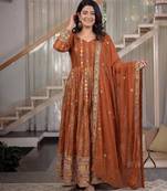 Rust brown embroidered georgette anarkali suit set