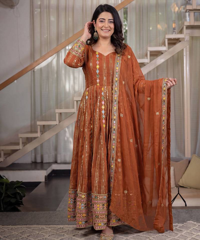 Rust brown embroidered georgette anarkali suit set