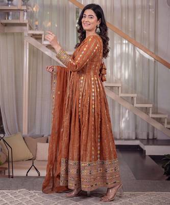 Rust brown embroidered georgette anarkali suit set 2