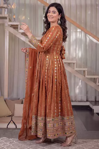 Rust brown embroidered georgette anarkali suit set