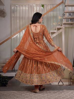 Rust brown embroidered georgette anarkali suit set 3