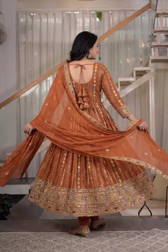 Rust brown embroidered georgette anarkali suit set