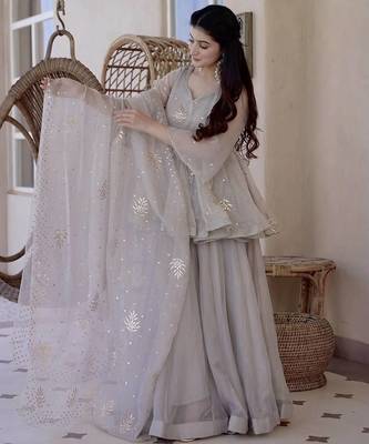Pearl grey tabby silk blend foil work suit set 1