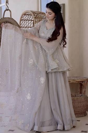 Pearl grey tabby silk blend foil work suit set
