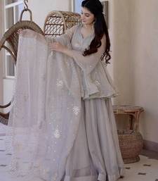 Pearl grey tabby silk blend foil work suit set