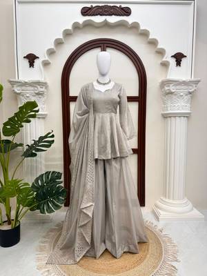 Pearl grey tabby silk blend foil work suit set 2