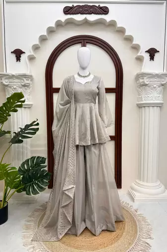 Pearl grey tabby silk blend foil work suit set