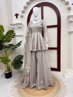 Pearl grey tabby silk blend foil work suit set 4
