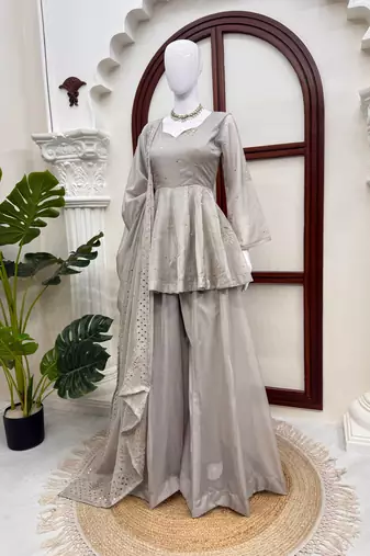 Pearl grey tabby silk blend foil work suit set