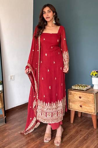 Ruby red embroidered faux georgette straight suit set