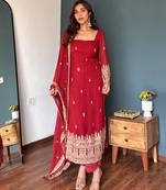 Ruby red embroidered faux georgette straight suit set