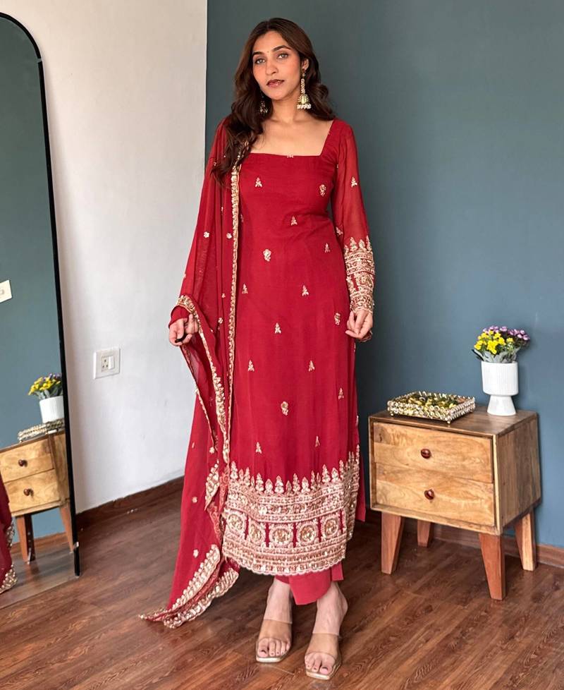 Ruby red embroidered faux georgette straight suit set